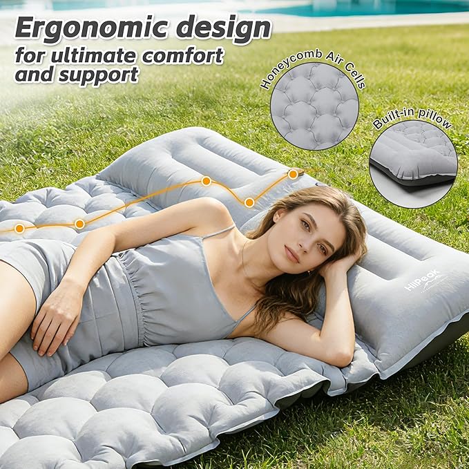 HiiPeak Double Sleeping Pad for Camping - Ultralight Camping Mattress with Pillow Built-in Foot Pump Compact Inflatable 2-Person Portable Mat for Backpacking Hiking Car Traveling Beach Tent