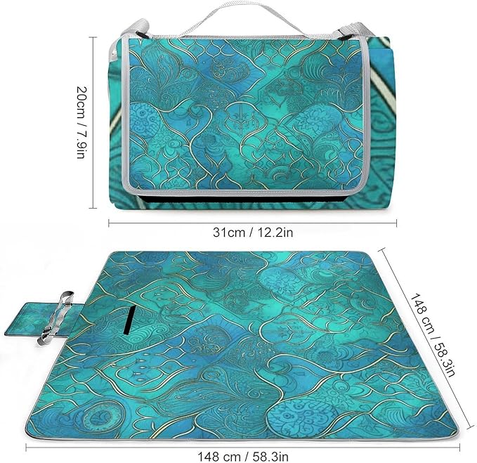 Turquoise Pattern Beach BlanketPortable Waterproof Picnic Blanket58.3''x 58.3'' Extra Large Picnic Mat for BeachCamping Grass Lawn Park Accessorie for Festival BBQ
