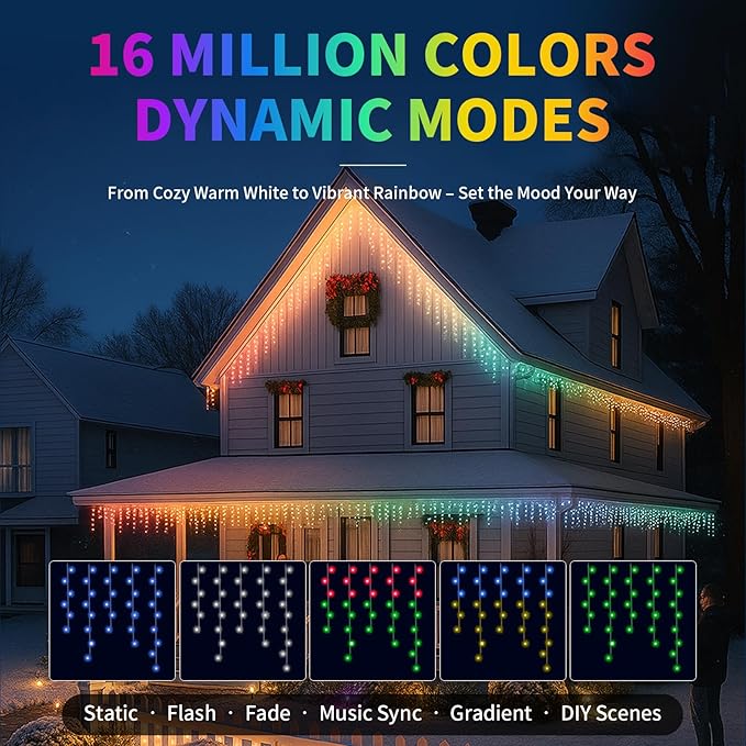 66FT Smart RGB LED Icicle Lights for Outdoor - App Controlled Waterproof Christmas Lights with Music Sync &amp DIY Color Modes for Holiday Party &amp Garden Decoration 608 LED
