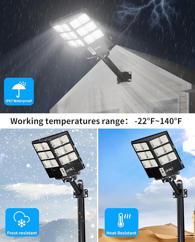 JAYNLT Y-2000W Solar Street Light 200000LM 6500K Solar Flood Lights Outdoor Dusk to Dawn 6500K IP67 Waterproof Parking lot Light Outdoor with Motion Sensor and Remote Control for Garage Road