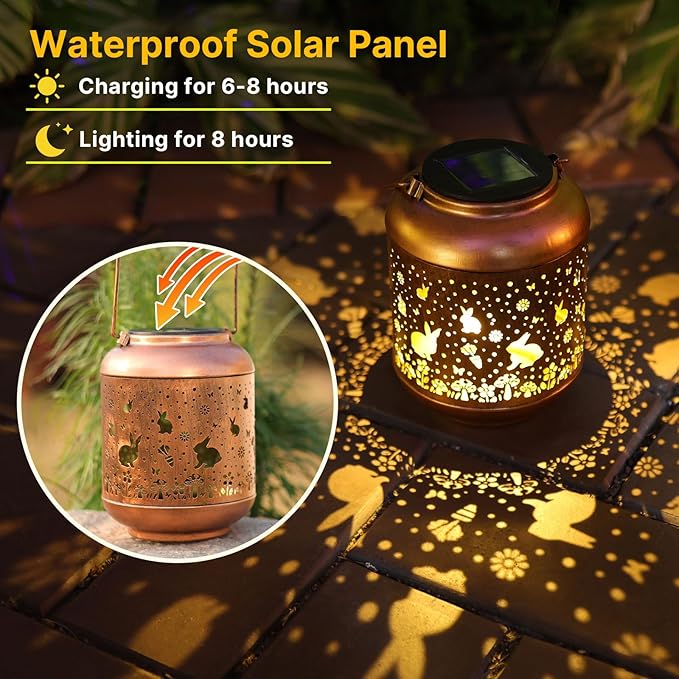 Rabbit Solar Lanterns Outdoor WaterproofGarden Decor Solar Lights Bunny Gifts for Women Mom GrandmaMetal Outside Decoration Hanging Lantern for YardPorchPatioLandscapeBackyardLawn