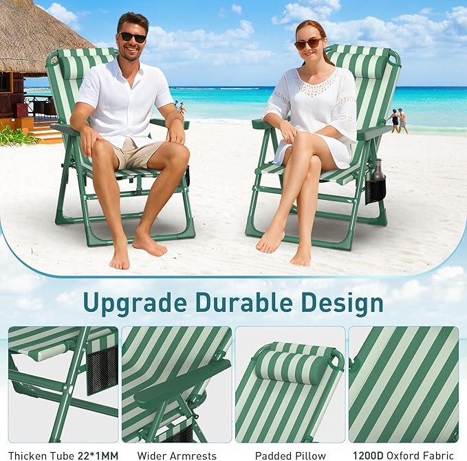 Suteck Backpack Beach Chairs for Adults 2 Pack 6-Position Folding Reclining Chair with Cooler Bag &amp Cup Holder Lightweight Portable Beach Chair for Camping Outdoor Sand Travel Use