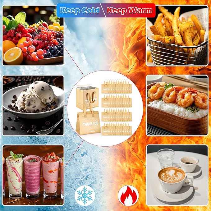 Aliceset 80 Pcs Thank You Insulated Bags for Food Delivery Bulk 9.5 x 9.5 x 6 Inch Thermal Insulation Bag for Cold and Hot Food for Travel Pizza Coffee Milk Catering Restaurant Picnic (Kraft)