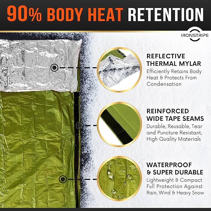 Bivy Sack XL Waterproof Survival Sleeping Bag with Emergency Whistle Built-in Hood &amp Thermal Mylar - Tear &amp Puncture-Resistant