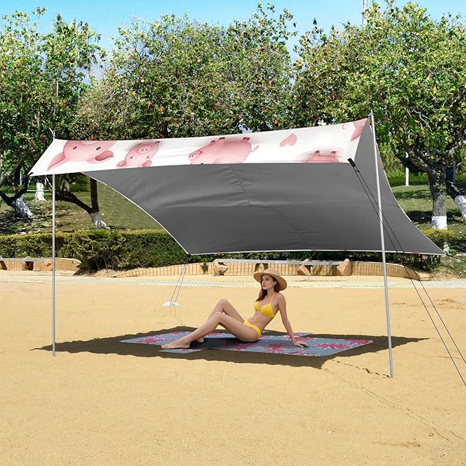 Cute Pink Pigs Beach Tent Sun Shelter 9.2' x 10.5' Beach Canopy with 4 Sandbags 4 Stability Poles Sand Shovels - Tent Canopy for Beach Camping Fishing Picnics