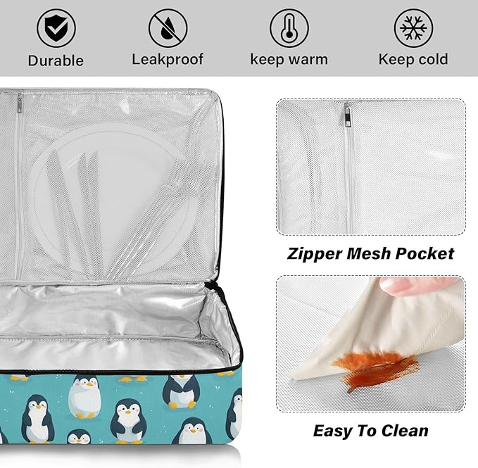 Casserole Carrier Pattern Cute PenguinsInsulated Casserole Carrier for Hot or Cold Food Thermal Lunch Tote for Potluck Parties Picnic Beach Fits 9 x 13 Inches Baking Dish