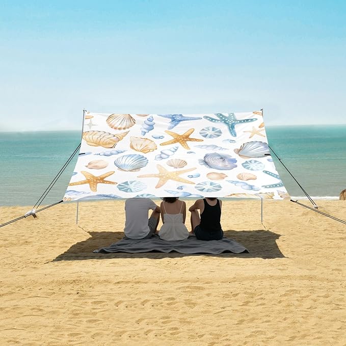 Cute Seashells and Starfish Camping Sun Shelter Beach Tent Portable Beach Sun Shade Outdoor Canopy for Camping Trips Fishing Picnic