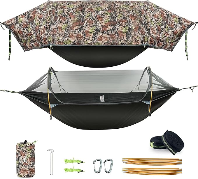 Camping Hammock Tent with Mosquito Net &amp RainFly 3 in 1 Waterproof Lightweight Portable Sleeping Hammock Bug Travel Outdoor Gear with Tree Strap Swing for Hiking Patio Expedition