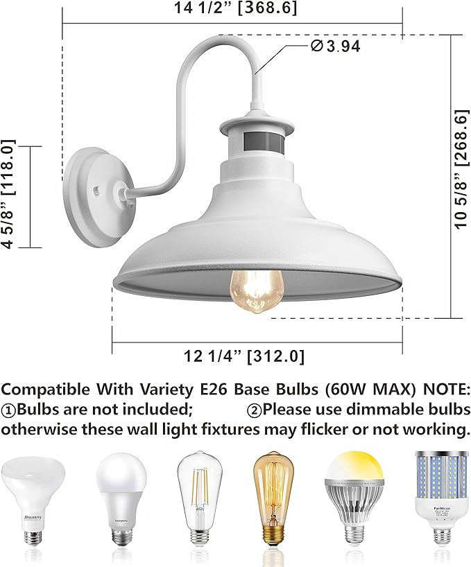 2 Pack Farmhouse Gooseneck Wall Sconce Barn LightsMotion Sensor and Dusk to Dawn Outdoor Wall Mount Lighting Fixtures3 Modes Exterior Porch Light IP65 Waterproof E26 Matte White Wall Lamp for Patio