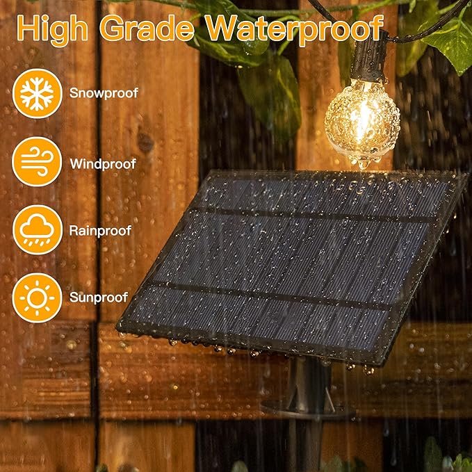 Ollny 35FT Solar Patio Lights Waterproof Remote Control Dimmable Timers 3Modes Outdoor Light with 15 LED + 1 Spare Shatterproof Bulb G40 String Lights for Outside Camping Backyard Tree Bistro