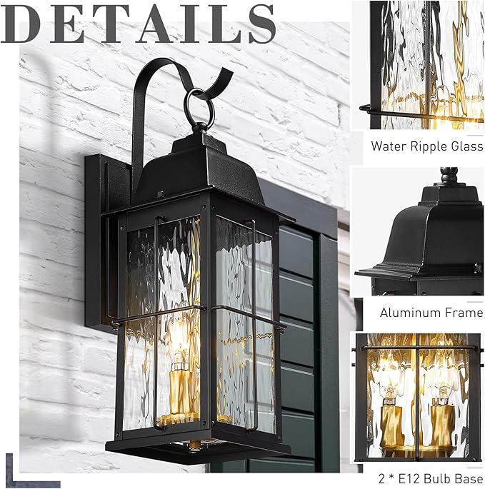 zeyu 17.2 Inch Exterior Black Light Fixture 2-Light Outside Wall Light for House Die-Cast Aluminum with Water Ripple Glass Black and Gold Finish 20071B2 BK+BG-WP