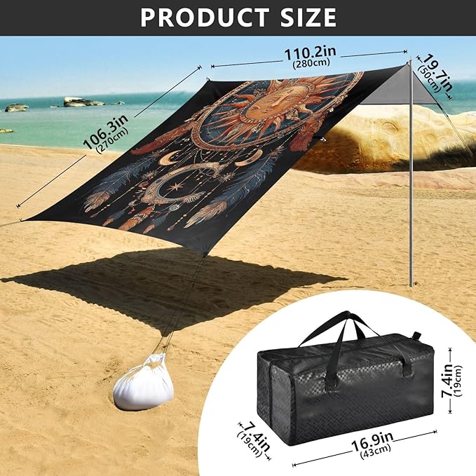 ALAZA Sun Moon Dreamcatcher Beach Tent Sun Shelter UPF50+ Protection Beach Shade Canopy w/ 4 Sandbags for Outdoor Camping Fishing Backyard Fun Picnic 10x9 ft