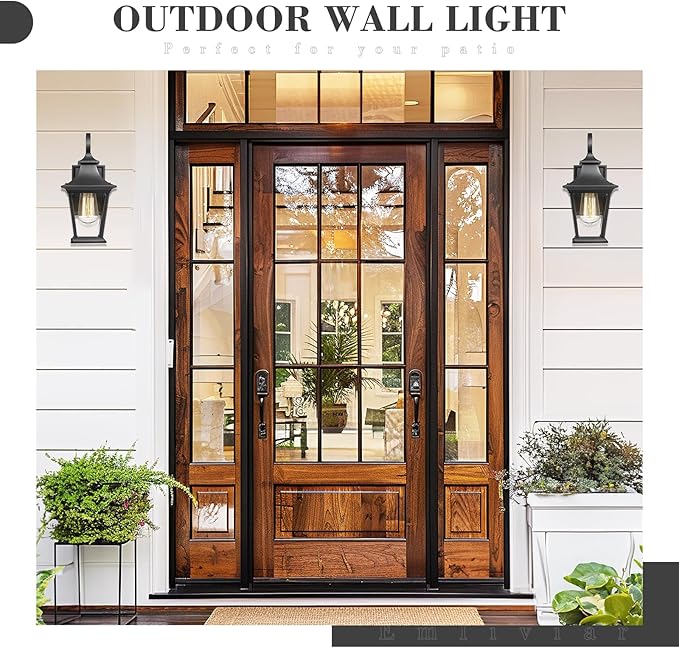 Emliviar Outdoor Wall Lights 2 Pack - Exterior Porch Lights Wall Mount in Black Finish with Clear Glass XE219B-2PK BK