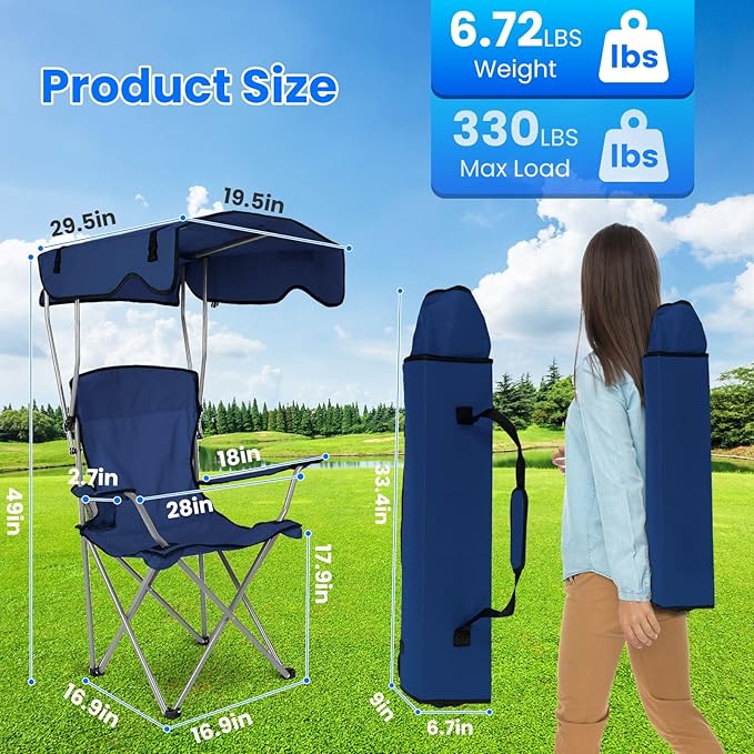 Camping Chair with CanopyOutdoor Folding Chair with Adjustable Shade &amp Cup Holder Heavy Duty Beach Chair for Adult Portable Camping Recliner Support 335 LBS