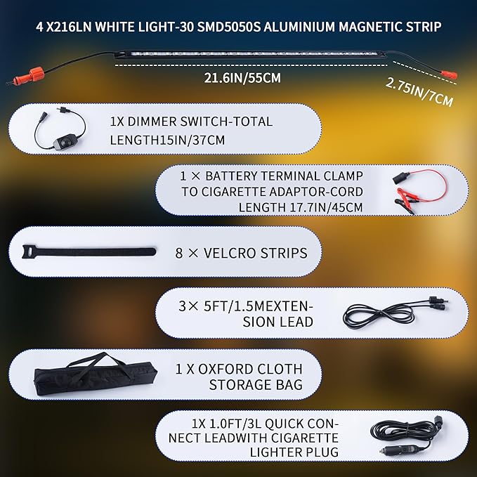12V LED Interior Light Bar Kit 4 Bars White Adjustable Brightness RV Camping Lights - Waterproof IP67 Magnetic &amp Velcro Mount Portable Lighting for Tent Car Trailer Boat Truck Off-Road Ca