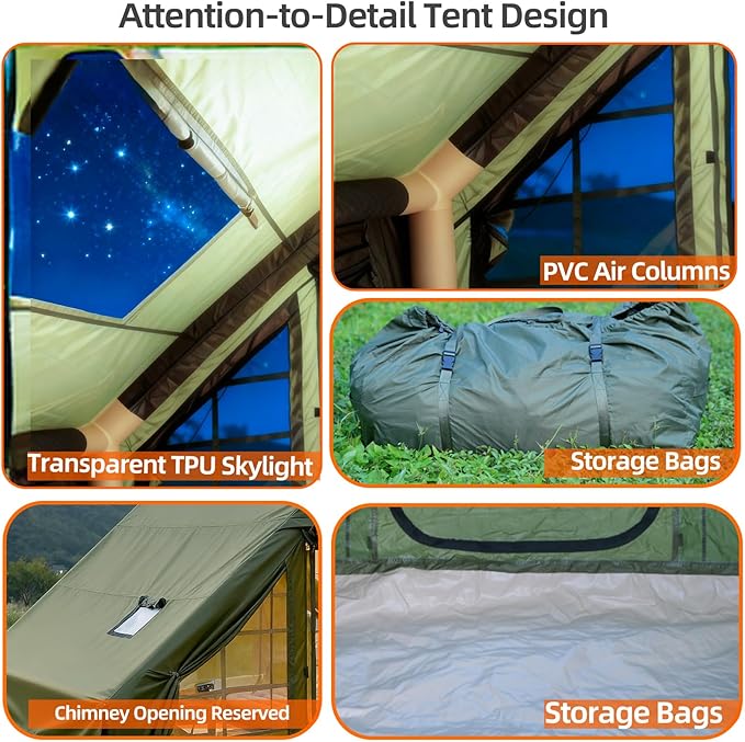 Inflatable Camping Tent Glamping Blow Up Tent with Hand Pump for All-Season 3 Mins Easy Setup Waterproof Tens with Mesh Window for 4-6 Person Suit for Family Friend Camp Outdoor Gathering