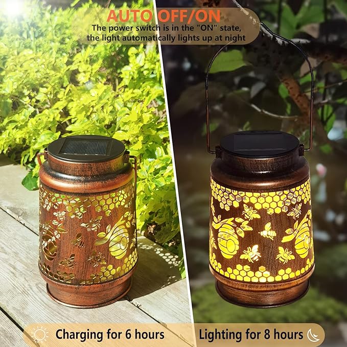 Solar Lanterns Outdoor Hanging Honeybee Decor LanternWaterproof Hollow Out Retro Metal Decorative Garden LightGraceful Decoration for PatioYardLandscapeWalkwayFestival