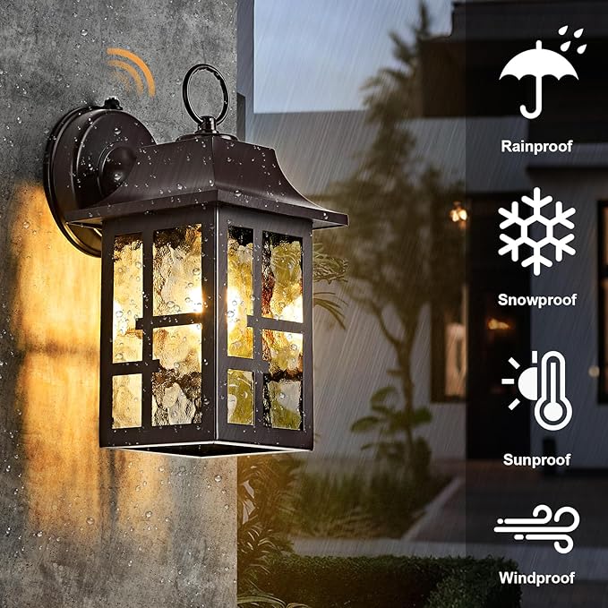 OKELI 2-Pack Dusk to Dawn Exterior Lighting Fixture Farmhouse Outdoor Wall Lights with Ripple Glass Aluminum Porch Light Wall Mount Anti-Rust Outside Wall Sconce for House Garage(Brown)