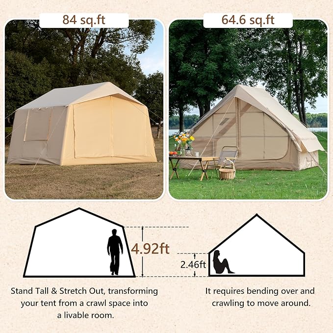 Inflatable Camping Tent with Hand Pump Waterproof Outdoor Blow up Tent 2-8 Person Oxford 4 Season Glamping Air Tent Cabin House with Mesh Windows &amp Door