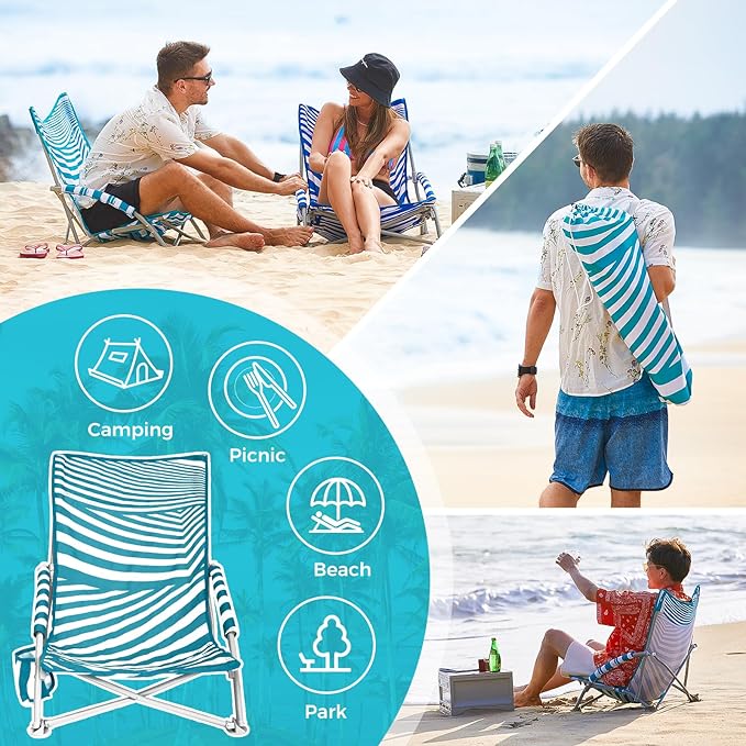 #WEJOY Low Beach Chairs for Adults Lightweight Beach Chair with Cup Holder Heavy Duty Portable Beach Chair for with Carry Bag for Outdoor Lawn Camp Trip Picnic Fishing