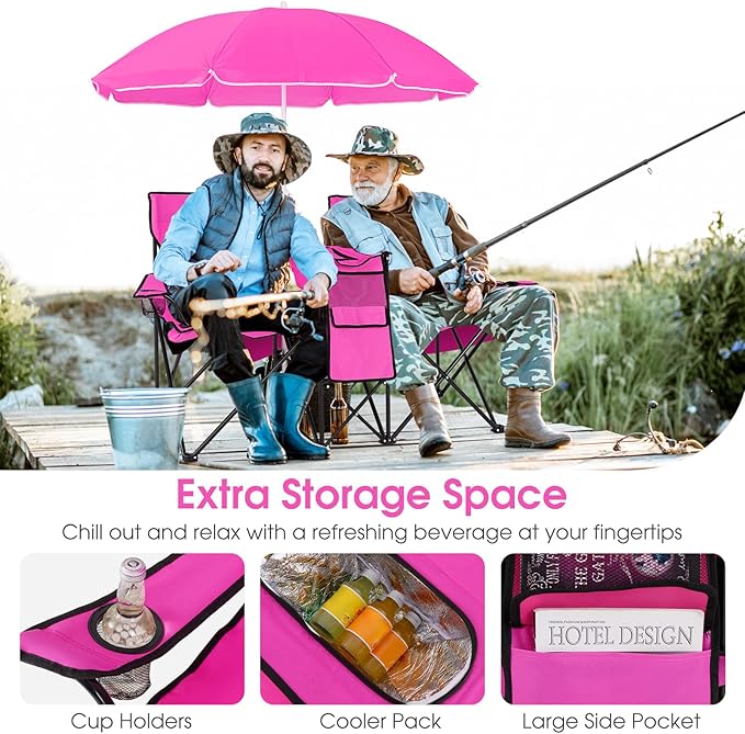 Beach Chair with Umbrella Portable Camping Chair with Cooler Bag Cup Holders Side Pocket Carrying Bag Double Folding Chair for Picnic Patio Canopy Outside (Pink)