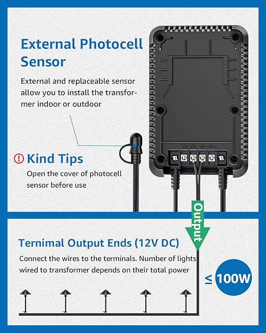 SUNVIE 100W Low Voltage Landscape Transformer Weatherproof Low Voltage Transformer with Photocell &amp Timer 120V AC to 12V DC Landscape Lighting Transformer for Outdoor Spotlights Path Lights Step L