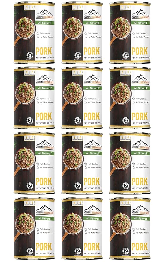 MOUNTAIN ESSENTIALS Canned Pork 14.5 oz – Fully Cooked Ready to Eat – Pantry Staple Meat for Everyday Meals Premium Emergency Survival Bulk Food Storage Camping Hiking &amp Quick Meals – 5-Year