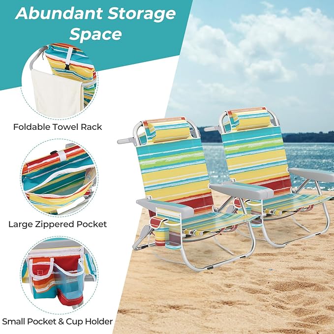 Giantex Backpack Beach Chair Foldable Camping Chair with 5 Adjustable Position Cup Holder Storage Pockets Straps Towel Rack Pillow Lay Flat Lawn Chair for Patio Outdoor Color Stripe
