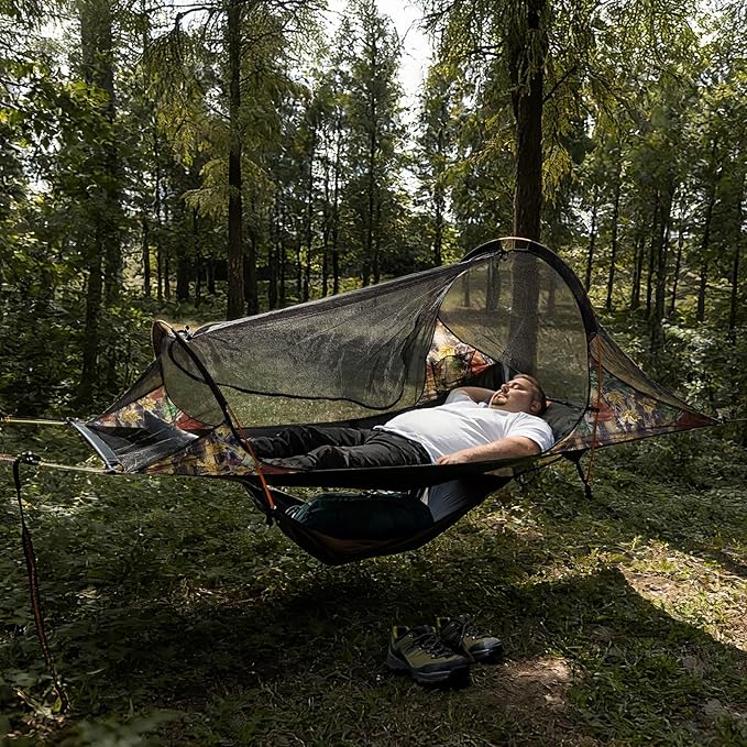 Night Cat Flat Lay Hammock Tent: Portable Lightweight Camping Hammock with Mosquito Net Waterproof Rainfly for 1 Person Outdoor Camping Camouflage