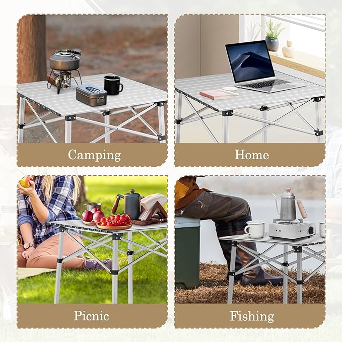 Athena Collection Foldable Camping Table 28 Small Aluminum Outdoor Folding Camp Table with Roll Up Tabletop and Carry Bag Lightweight and Portable for Outdoor Camping Picnic Grilling Silver