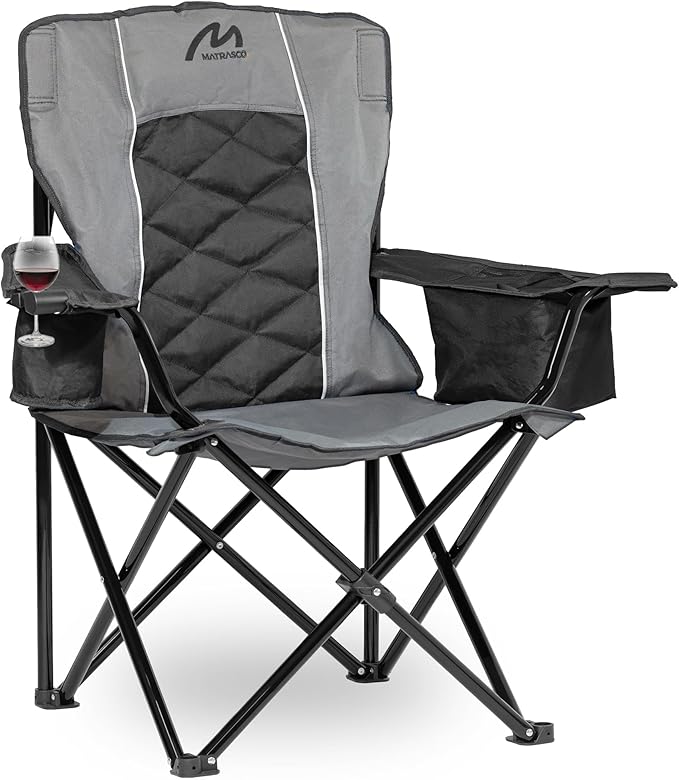 Oversized Padded Camping Chair Heavy Duty Steel Frame 450 lb Capacity Folding Camp Chair with 6-Can Cooler Carry Bag for Outdoor Camping Beach Hiking(Gray &amp Black)