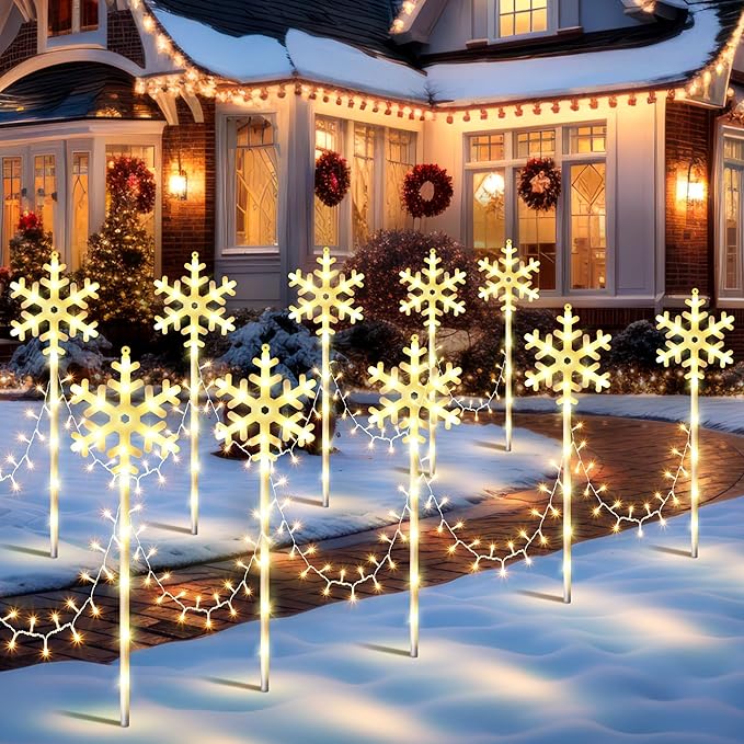 10 Pcs Christmas Snowflake Pathway Stake Lights for Outdoor Yard 370 Bright LEDs Waterproof Large Christmas Snowflake Light Decoration for Garden Lawn Driveway Walkway Decor (Warm White)