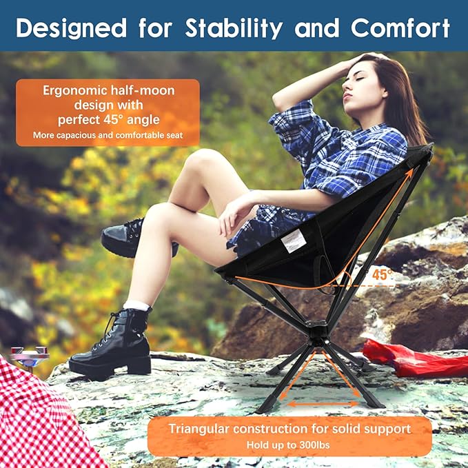 Portable Camping Chair 2 Pack 8 Seconds Quick Setup Folding Camping Chair Flexible 360° Rotation 3.8Lb Lightweight Travel Chairs for Easy Carry to Hiking Sporting Travel Beach
