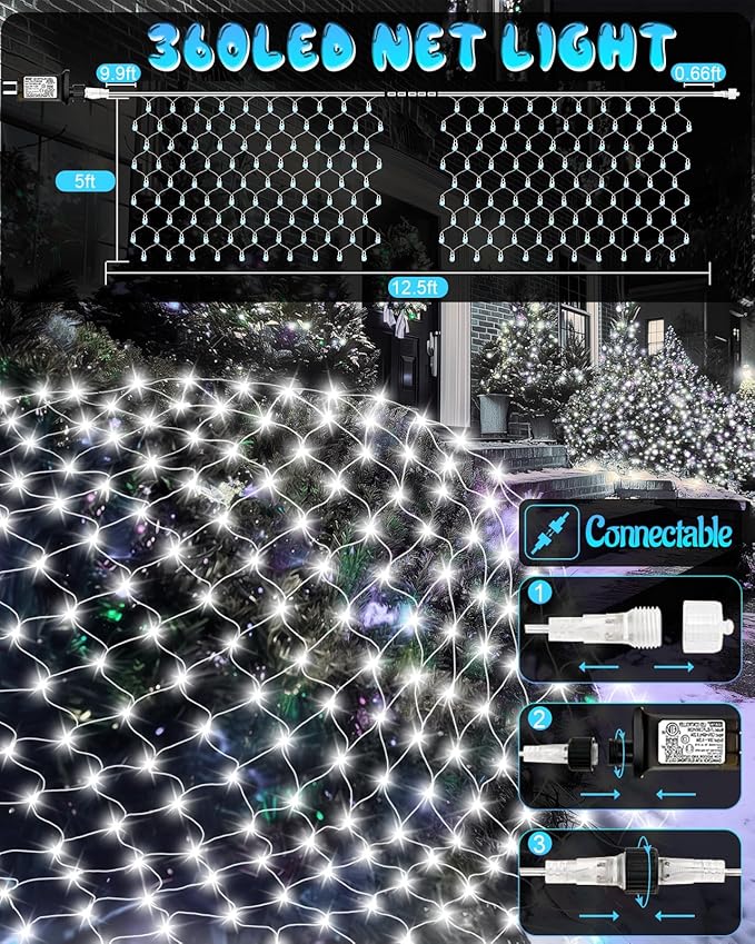 Coroor 12ft x 5ft Christmas Net Lights 360 LED Lights with 8 Modes Connecable Timer Waterproof Outdoor Bush Mesh for Home Garden Wedding Yard Decorations - Cool White