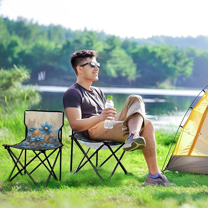 Chic Blue Daisies Flowes Oil Painting Folding Portable Beach Chairs for Traveling Ultralight Compact Folding Chair with Carrying Bag Ice Fishing Chairs for Adults for Hiking Sports