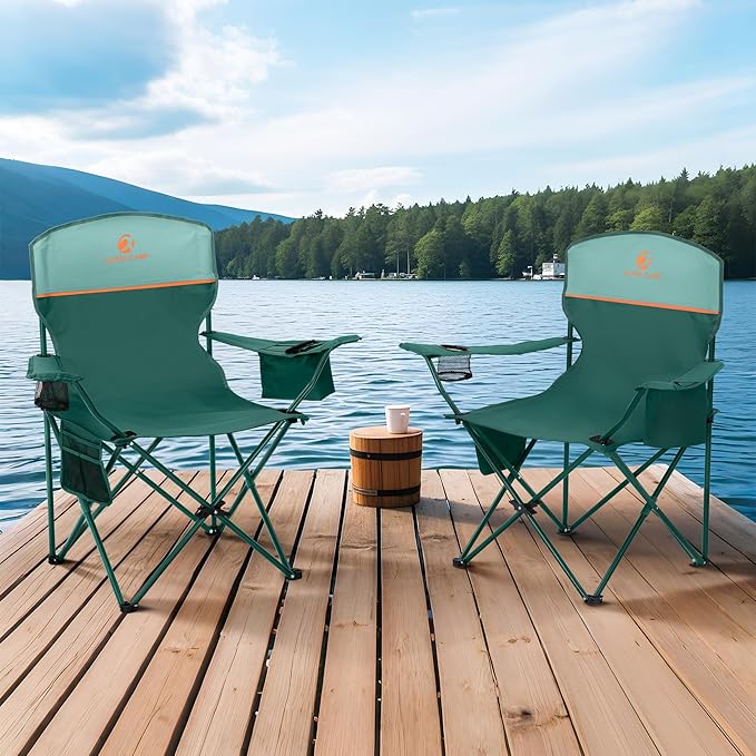 ALPHA CAMP Camping Chair 2 Pack Portable Chair with 3-Can Cooler Folding Chair with Side Pocket and Cup Holder Collapsible for Camping Tailgates Beach Fishing and Sports2PC