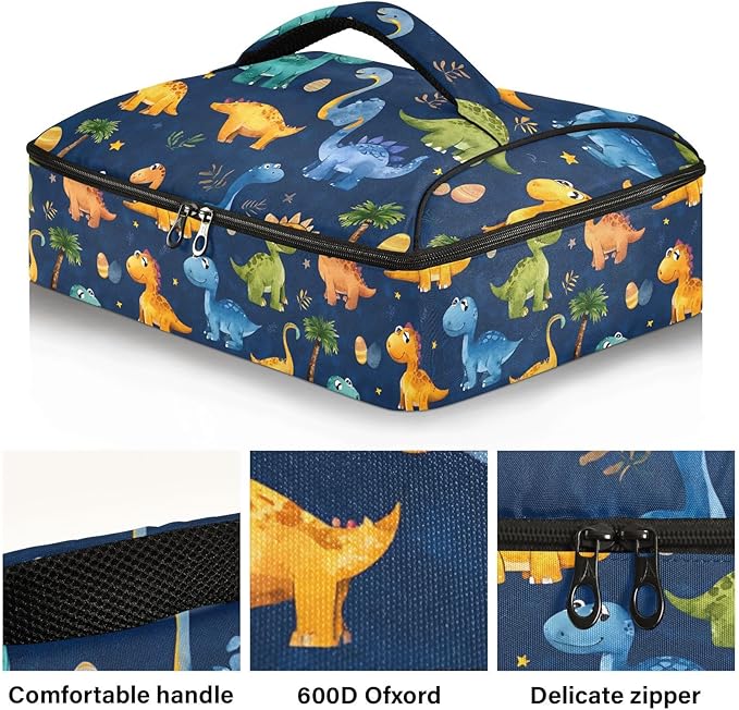 Casserole Carrier Playful Cartoon DinosaursInsulated Casserole Carrier for Hot or Cold Food Thermal Lunch Tote for Potluck Parties Picnic Beach Fits 9 x 13 Inches Baking Dish