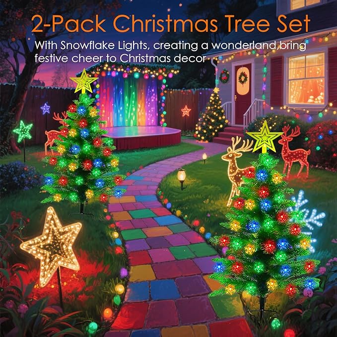 2 Pack 3.6Ft Solar Christmas Tree with 100 Snowflake Lights Waterproof Christmas Decorations Outdoor Solar Christmas Lights Outdoor Xmas Tree for Yard Pathway Porch Cemetery Holiday Decor