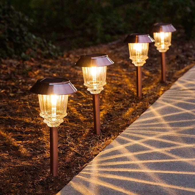 XMCOSY+ Solar Lights Outdoor Waterproof 4 Pack Solar Lights for Outside 10-40 LM Dimmable LED Glass Outdoor Solar Lights for Yard Pathway Garden Lawn Driveway Walkway (Warm White)
