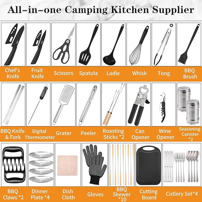 Camping Essentials Cookware Cooking Utensils Set - Portable Camp Kitchen Mess Kit Outdoor Accessories Stainless Steel &amp Silicone Camping Gear Equipment for RV Picnic GrillBrown Pro