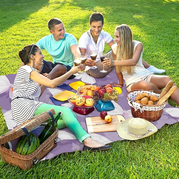 Waterproof Sandproof Beach Blanket 59''×68'' White Butterfly Polyester Outdoor Picnic Blanket with 4 Stakes &amp Storage Bag for BeachCampingVacation Purple Bottom