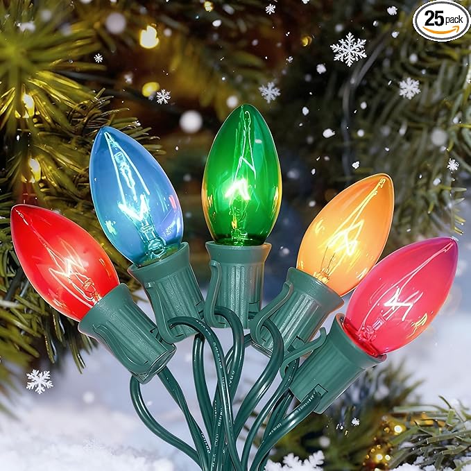 C9 Multicolor Christmas Lights 25Ft Transparent Multicolor String Lights with 26 Clear Glass Bulbs (1 Spare) Hanging Vintage Christmas Lights String for Indoor Outdoor Christmas Tree Garden Party