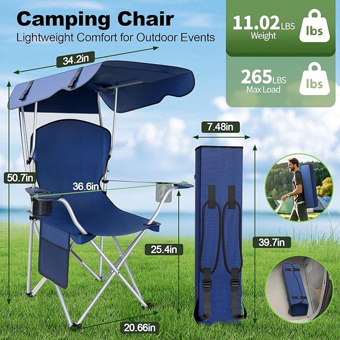 Portable Camping Chair with Canopy - Folding Chair with Canopy Durable 600D Oxford Canopy Chair for Camping Beach Picnics Fishing &amp Sports