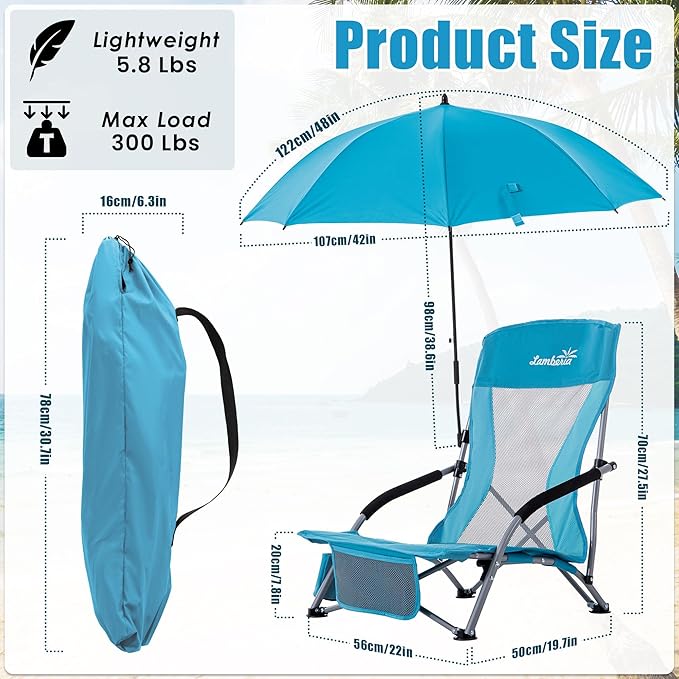 Lamberia Folding Beach Chair with Umbrella for Adults Portable Low Beach Chairs with 300lbs Capacity Lightweight Fodable Camping Chair for Travel Picnic Concert &amp Outdoor Activities Blue