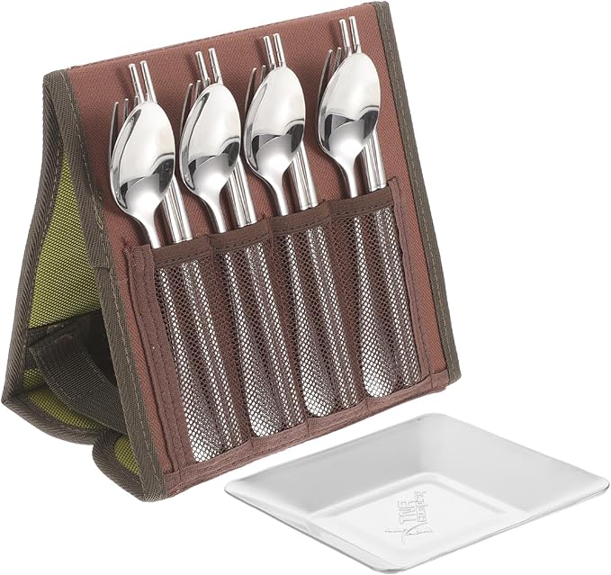 Outdoor Cutlery Set Stainless Steel Spoon Chopsticks Fork Plate Portable 4-person Camping Tableware Barbecue Picnic Flatware with Carry Bag Random Color