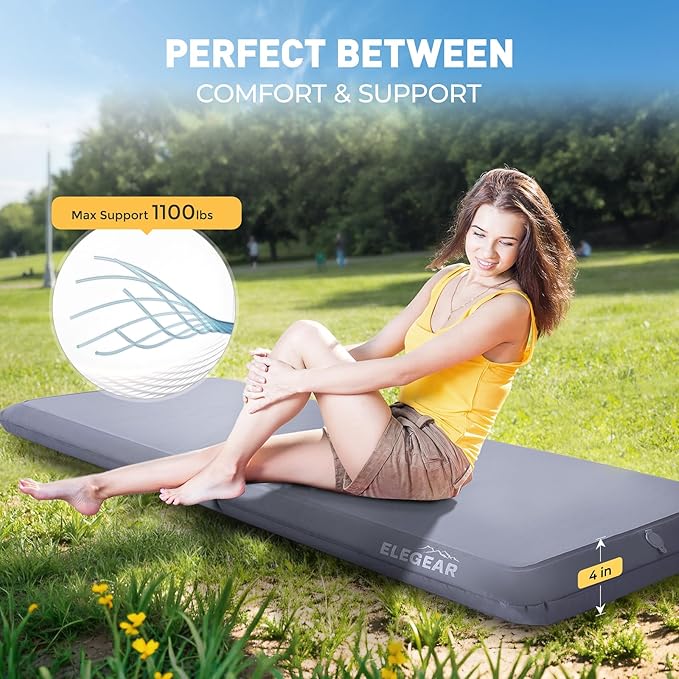 Elegear Camping Sleeping Pad with Multi-Function Electric Pump 4’’ Ultra-Thick &amp 1100lb Ultra-Support Camping Air Mattress Durable Sleeping Pad for Camping/Hiking/Tent/Home/Car Travel