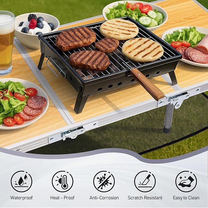 VINGLI Small Folding Table Portable 3FT Aluminum Foldable Camping Table for Picnic Card Table with 3 Adjustable Height &amp Carry Handle for Outdoor Indoor Hiking Camp BBQ Beach-Natural