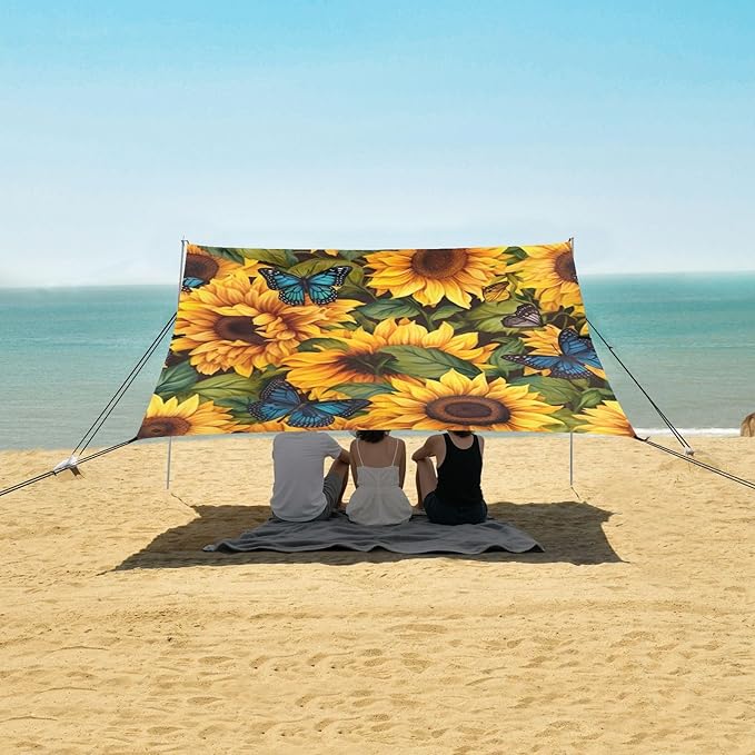 Sunflower Beach Tent Sun Shelter 9.2' x 10.5' Beach Canopy with 4 Sandbags 4 Stability Poles Sand Shovels - Tent Canopy for Beach Camping Fishing Picnics