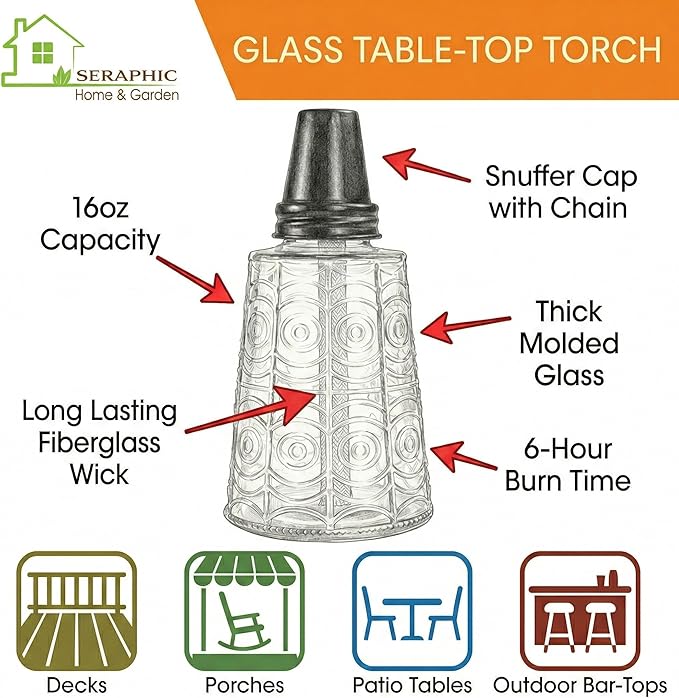 Seraphic Citronella Table Top Torches for Outdoor Patio 16oz Decorative Glass Torch Citronella Candles for Outside Deck Garden Parties Set of 3 Amber