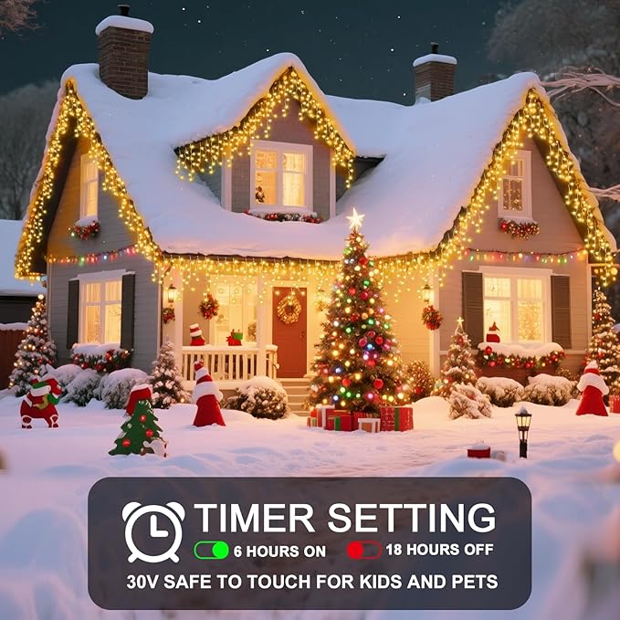98 Ft Ice Lights for Outside 1216 LED Christmas Lights Outdoor Plug in Christmas String Lights with 8 Modes &amp Timer for Holiday Party Wedding House Patio Outdoor Decor(Warm White)